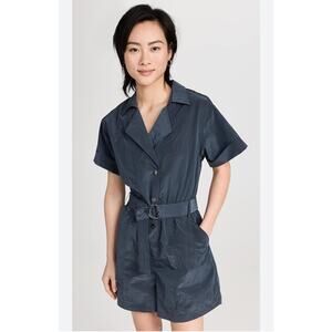 Varley Belle Boxy Short Sleeve Romper Playsuit Slate Blue Shimmer Shell